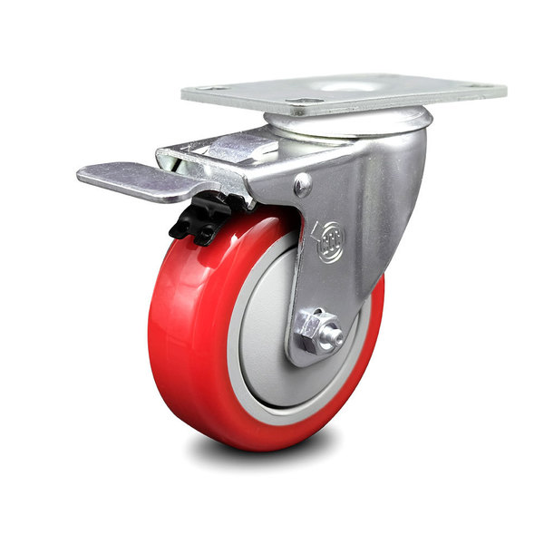 Service Caster 4 Inch Red Polyurethane Wheel Swivel Top Plate Caster with Total Lock Brake SCC-TTL20S414-PPUB-RED